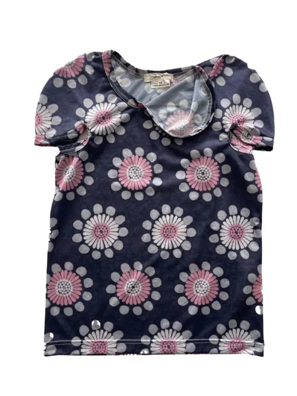 picture of Vintage Y2K Japanese Fashion COMME DES GARÇONS downtown girl dark blue pink flower printed top with unique collar detail.