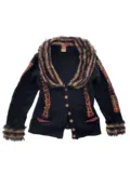 picture of Vintage Y2K SAVE THE QUEEN boho black red multicolored button up knit cardigan with fringes and paperclip detail.