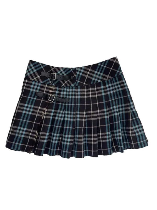 picture of Vintage Y2K BURBERRY BLUE LABEL Japanese fashion grunge black white turquoise checkered mini skirt with buckle detail.