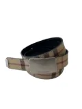 picture of Vintage Y2K BURBERRY classic beige red multicolored checkered leather belt with silver detail.