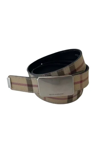 picture of Vintage Y2K BURBERRY classic beige red multicolored checkered leather belt with silver detail.