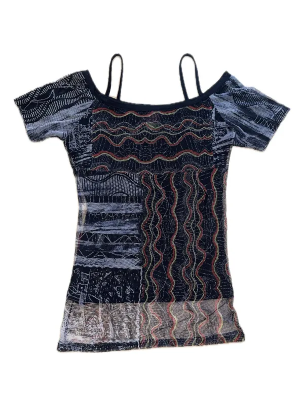 picture opf Vintage Y2K SAVE THE QUEEN black white multicolored layered mesh top with unique strap detail